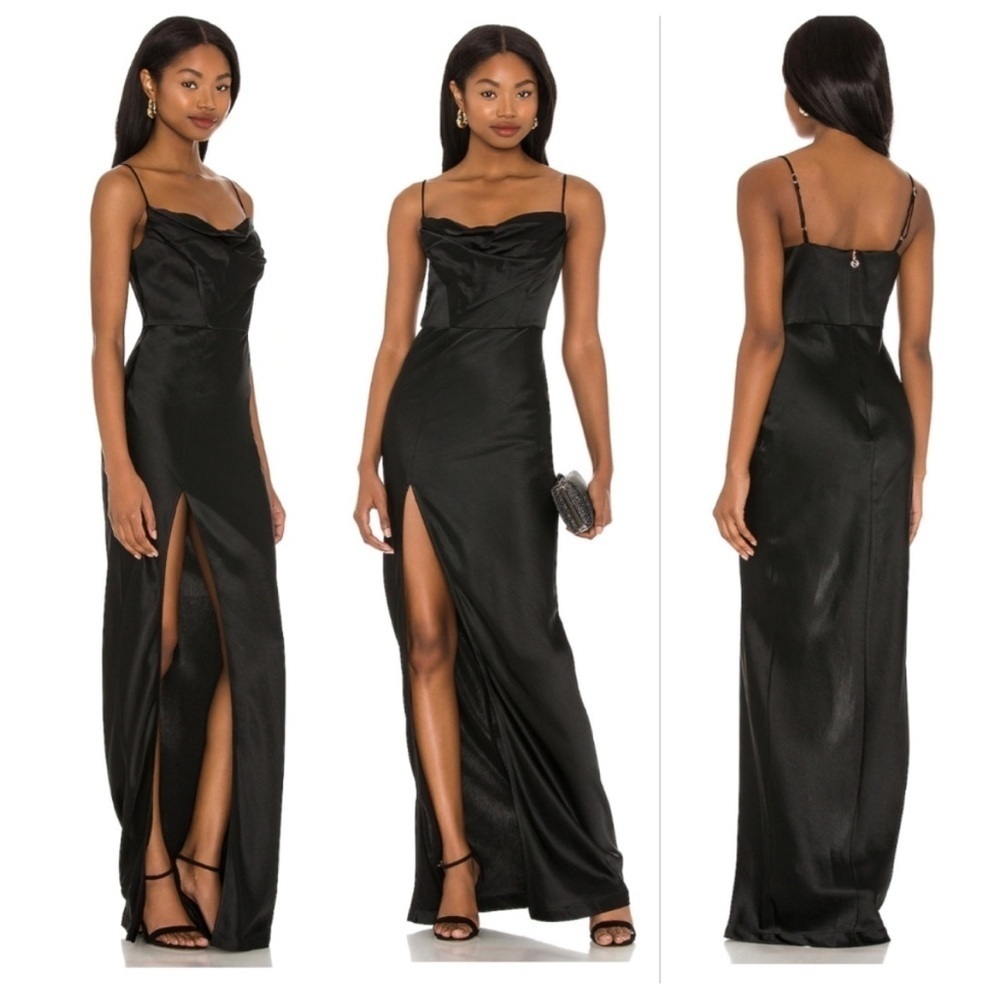 Nookie Dream Satin Black Maxi Gown with Slit and Spaghetti Straps